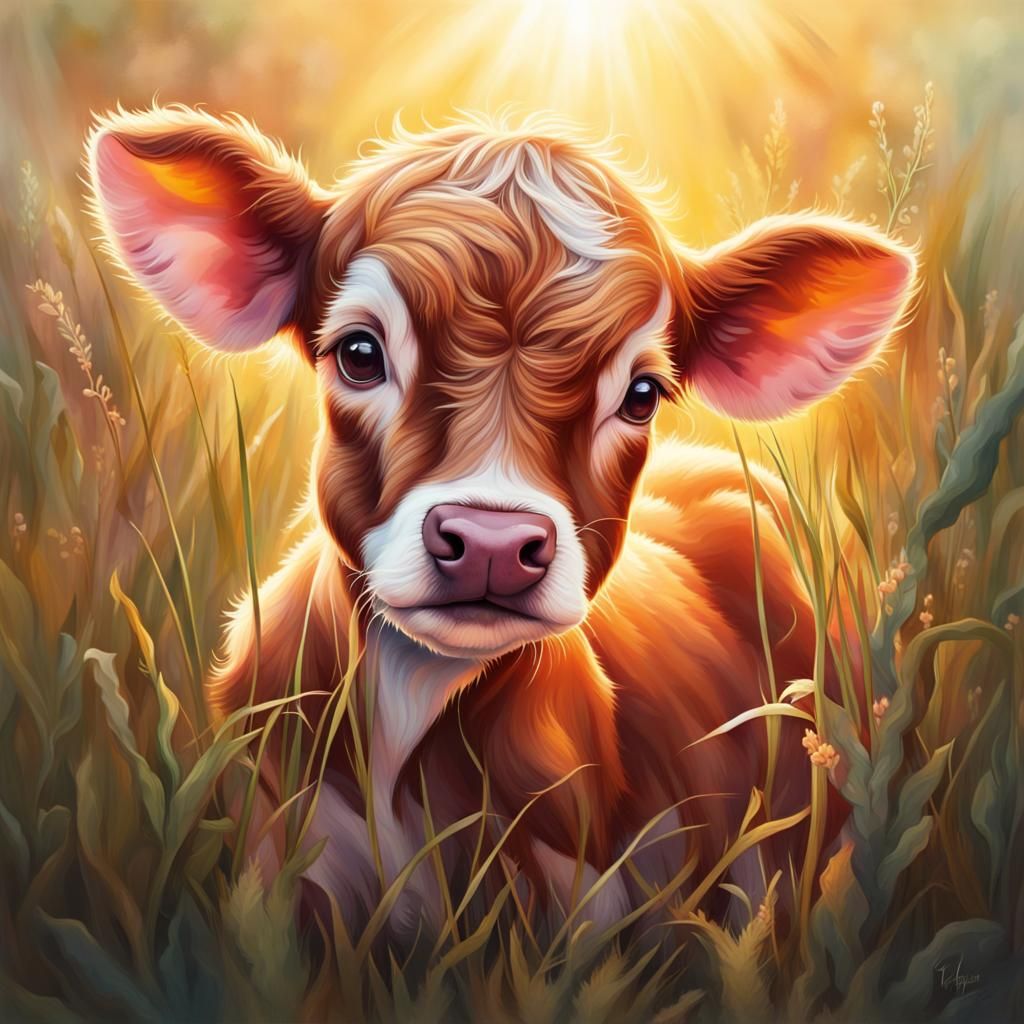 Adorable Baby Calf Playing in Grass: Kawaii Art