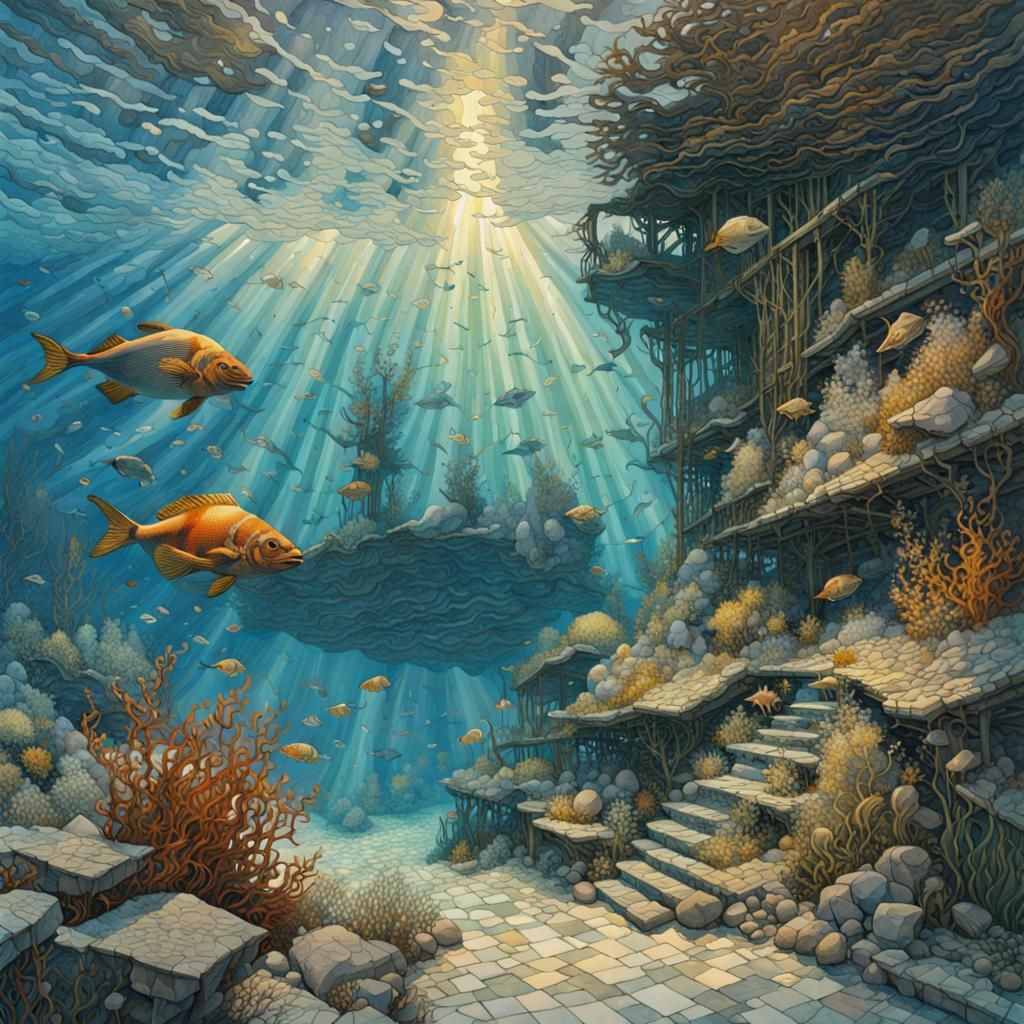 Underwater Sea Mosaic in Watercolor Style