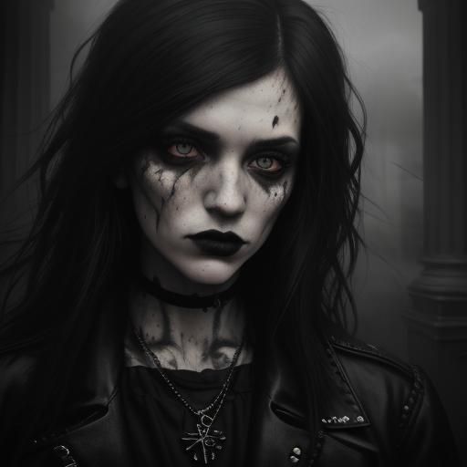 Gothic Model in Coffee Shop: Black and White Photo