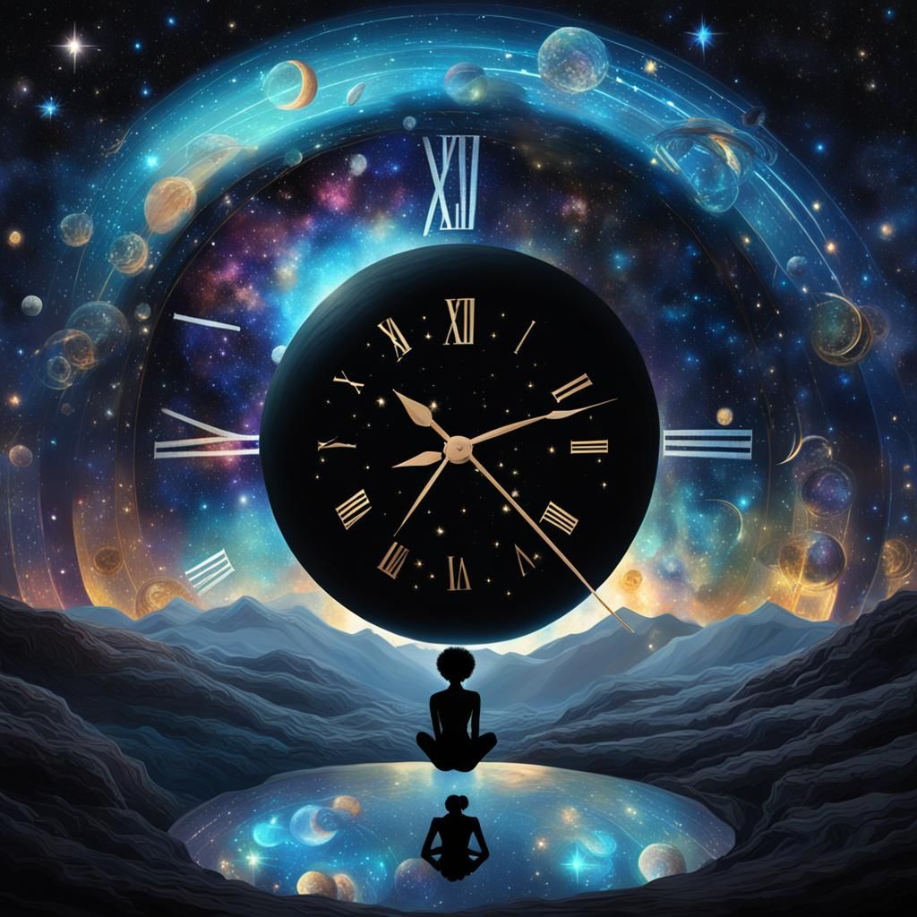 Cosmic Woman Before Clock in Astral Illustration