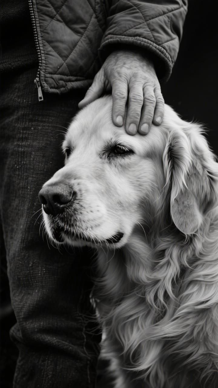 Golden Retriever and Human Bond: Black and White Portrait