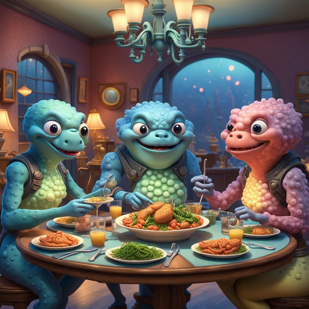 Amoebas Dining: Colorful 3D Render in Pixar Style