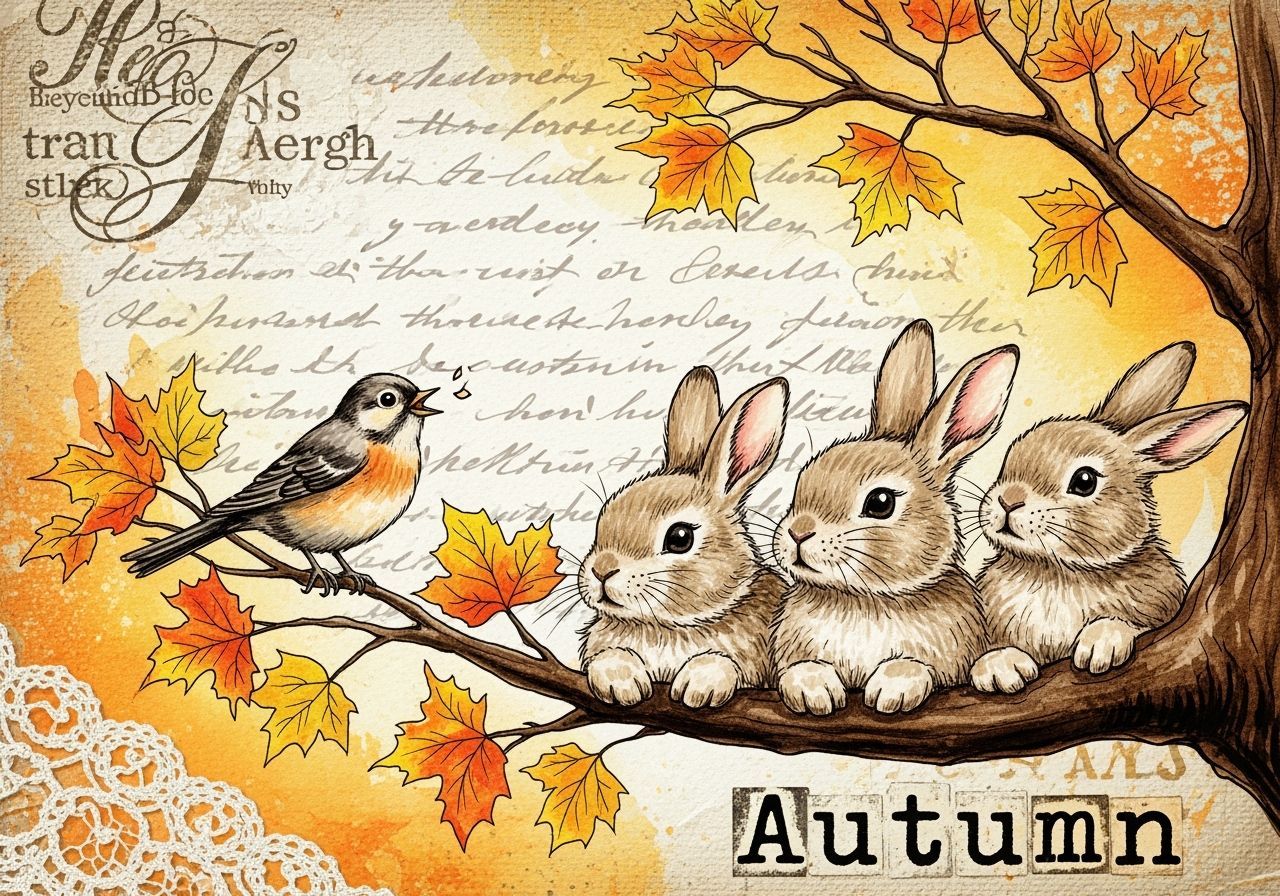 Adorable Bunnies and Singing Bird in Golden Autumn