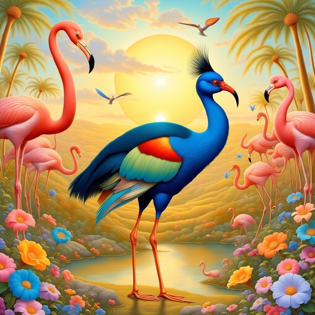 A dodo bird strutting with a flock of flamingos <lora:Garden...