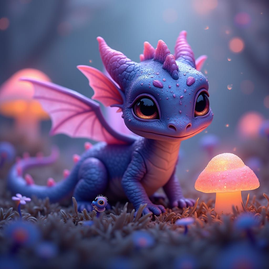 Whimsical Baby Dragon Amidst Glowing Mushrooms in Vibrant Gr...