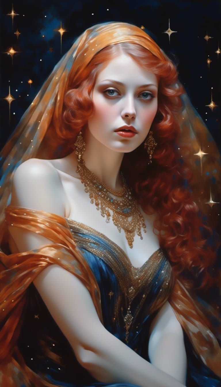 Woman in Starry Headscarf: Hyperrealistic Fantasy Portrait