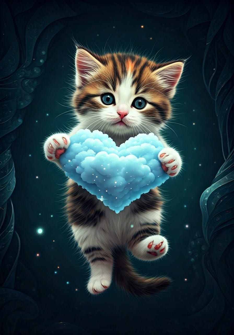 Whimsical Kitten Chases Hearts in Dreamy Cloudscape