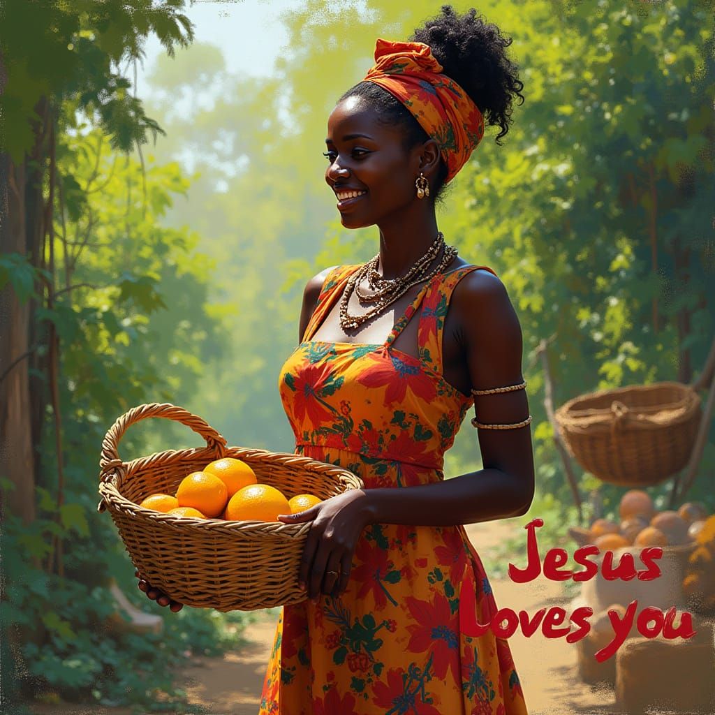 African Woman with Fruits in the Style of Impressionism