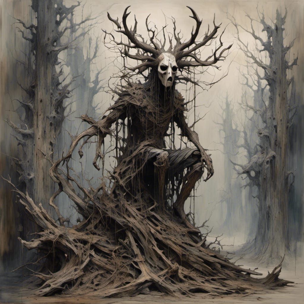 Decaying Wendigo with Wooden Mask in Horror Style