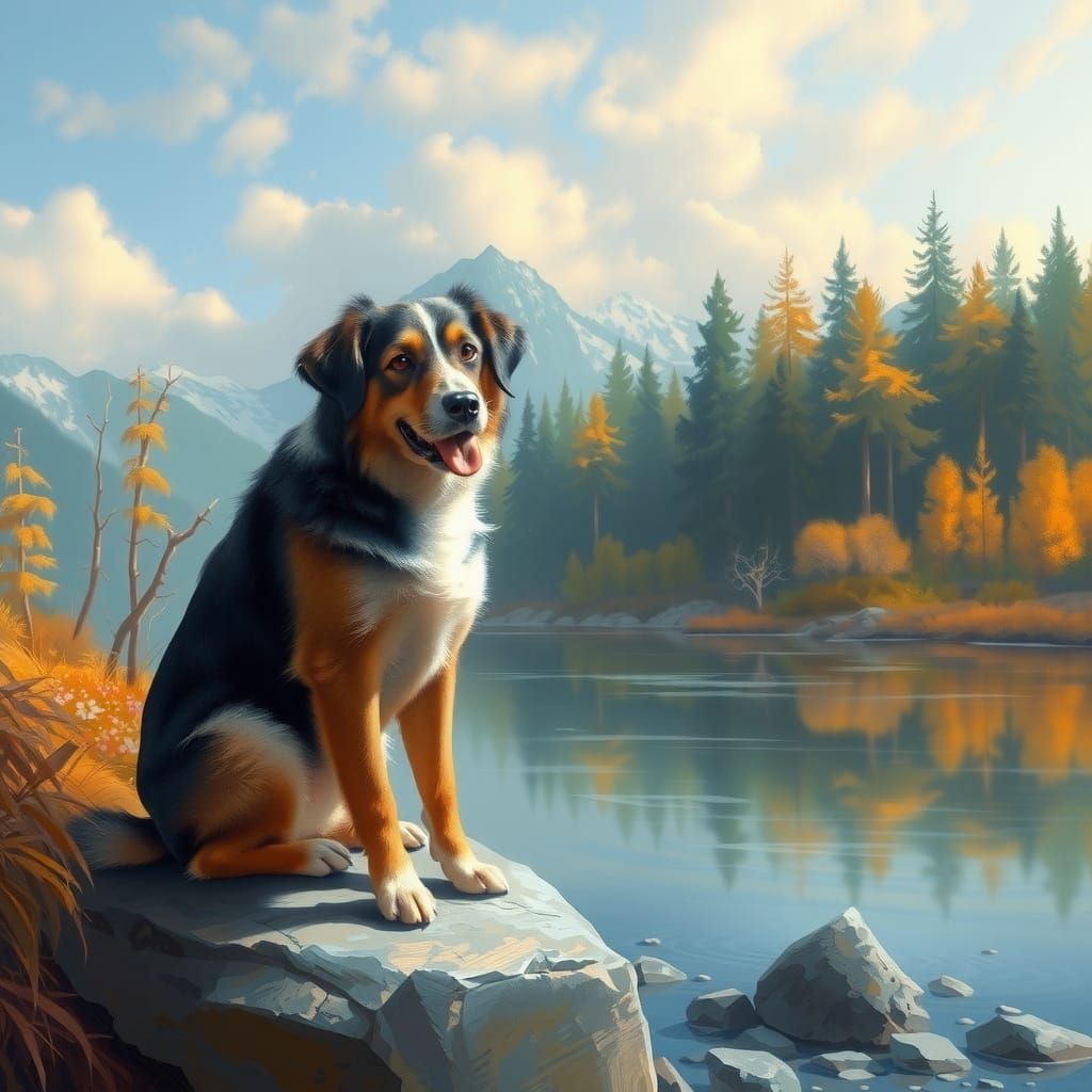 Dog by River Landscape in Benka Style