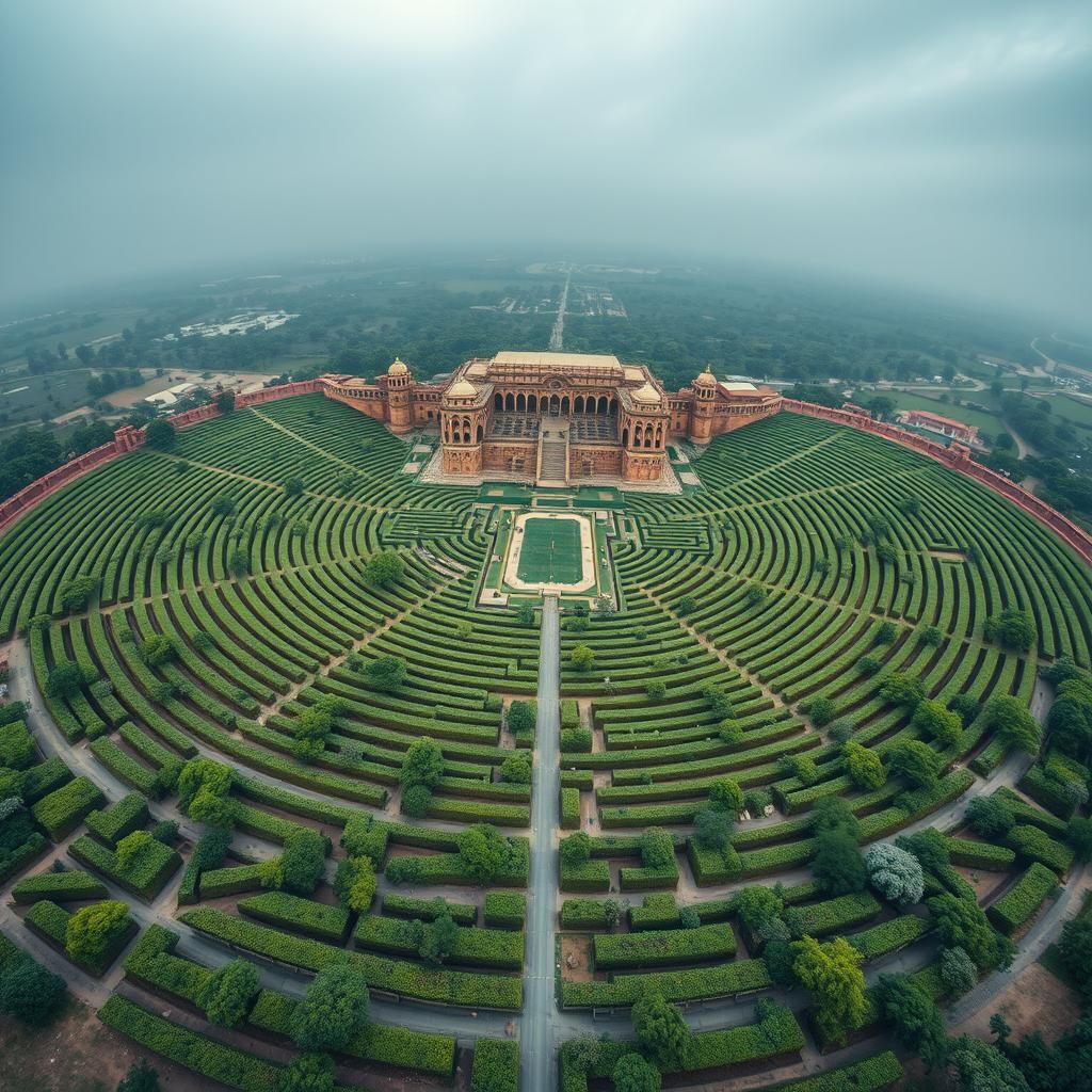 Drone view of a grand maze around an Indian fort