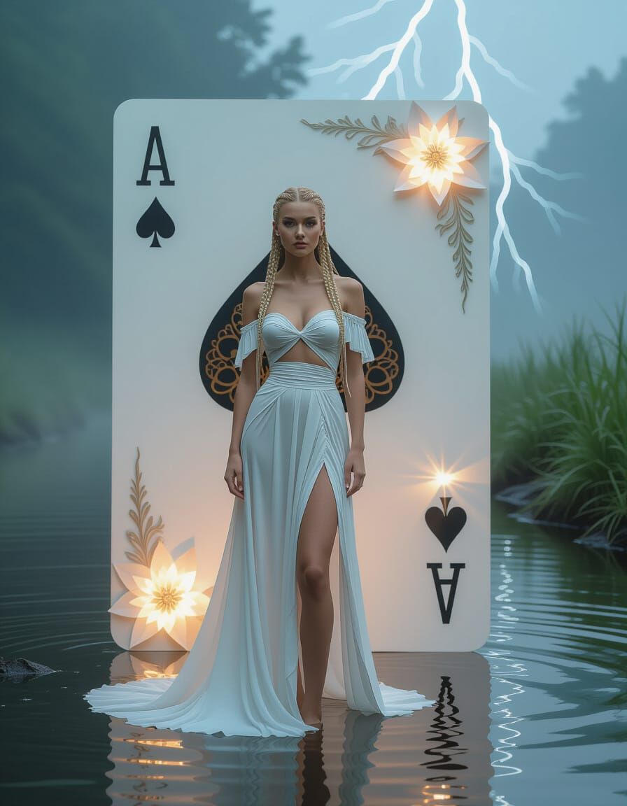 Ethereal Woman with Lightning and Origami Card