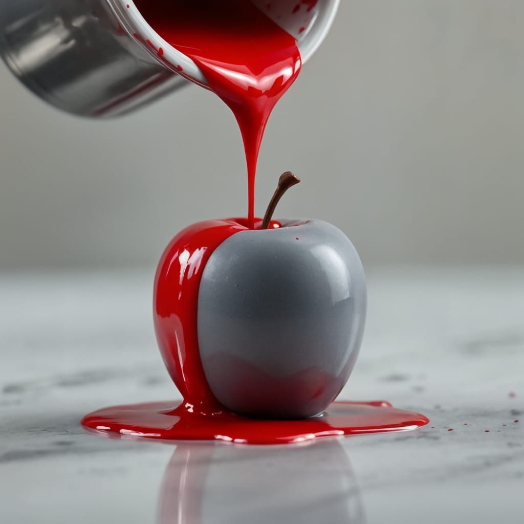 Red Paint Splashes on a Grey Plastic Apple