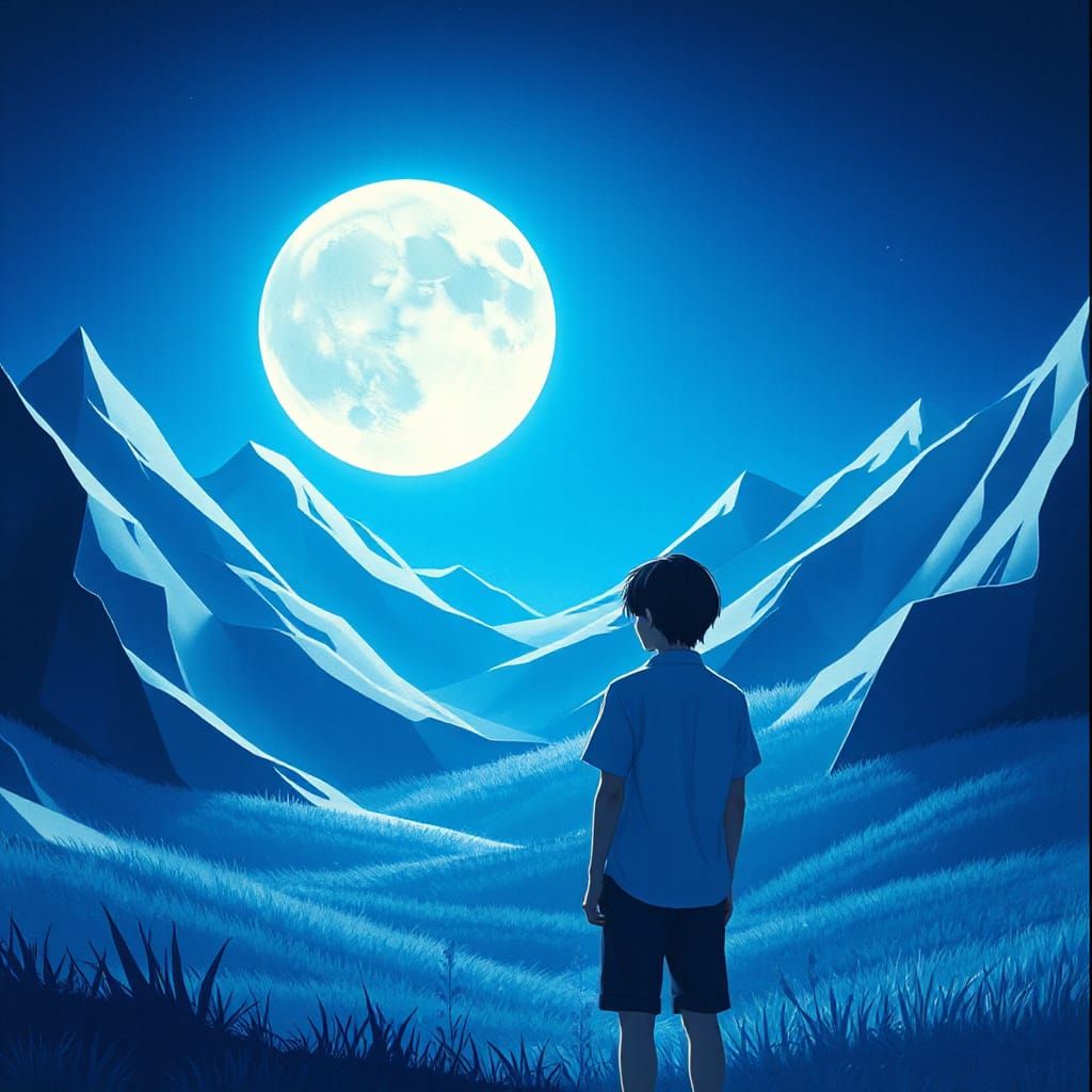 Origami Man in Moonlit Valley