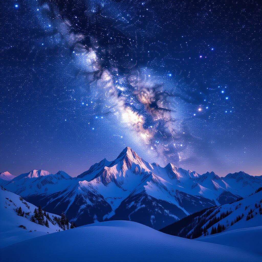 Vast Starry Night Sky Over Snow Mountains