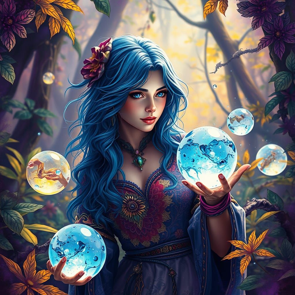 Mystical Woman Conjures Water in Lush Forest