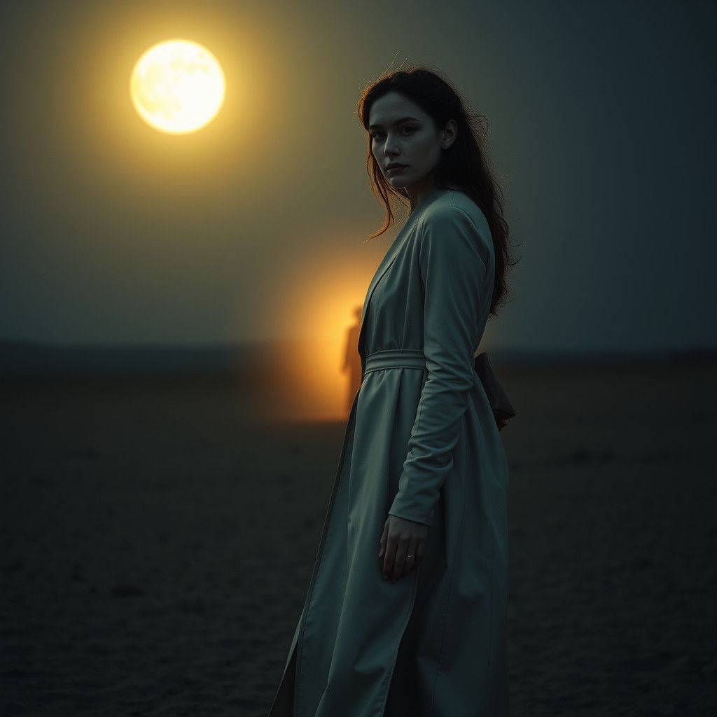 Ethereal Woman in Moonlit Landscape, Dreamlike Art