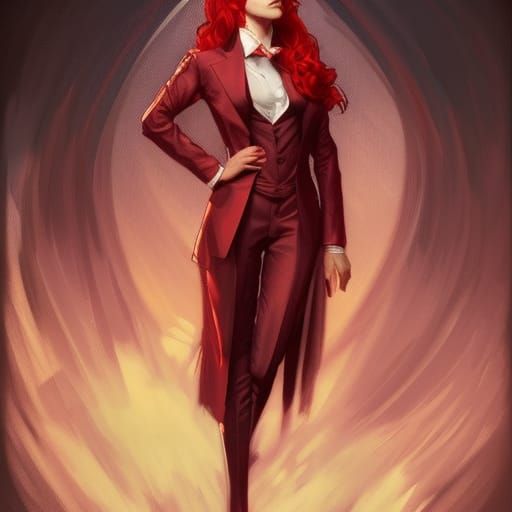 Red-Suited Woman Portrait in Art Nouveau Style