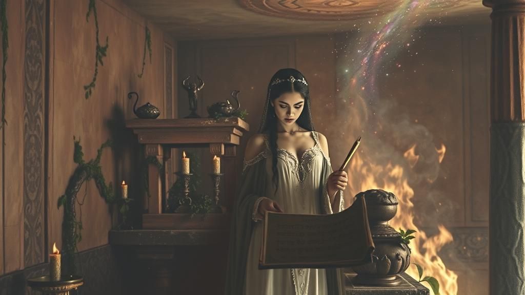 Djinn Priestess Exploring Ancient Temple in Dreamlike Style