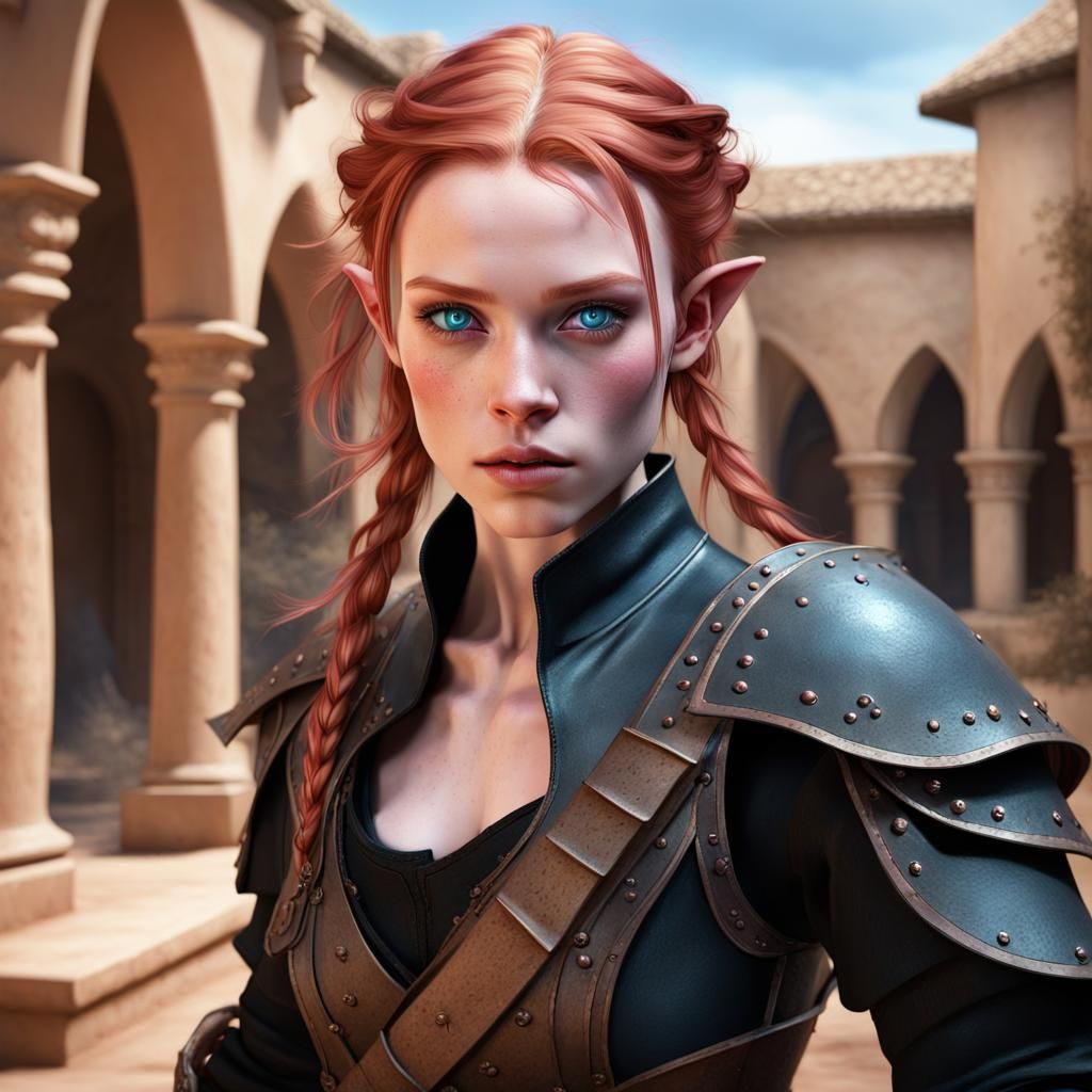 Fae Warrior in Sandstone Courtyard: Fantasy Concept Art