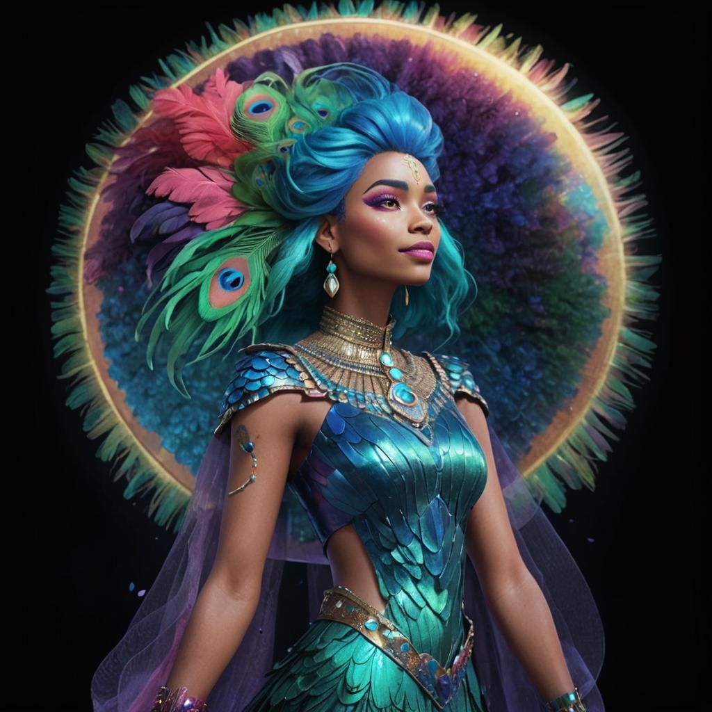 Stunning Woman with Peacock Feathers Hair in 3D Animation