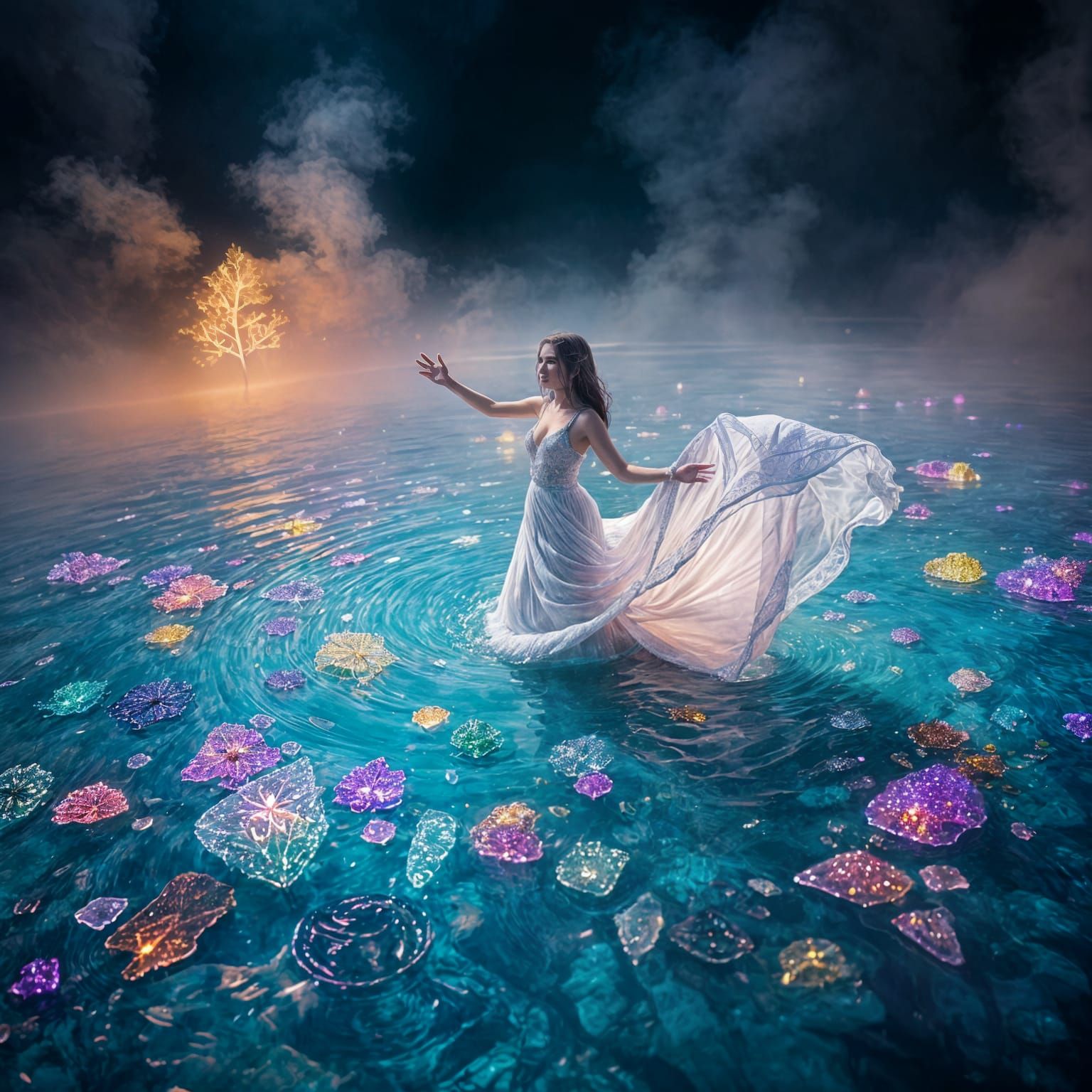 Hyperrealistic Woman Emerges from Crystalline Lake