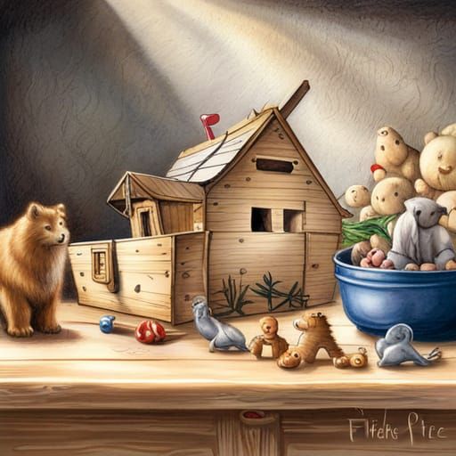 Victorian Watercolour of Wooden Noah's Ark Toy