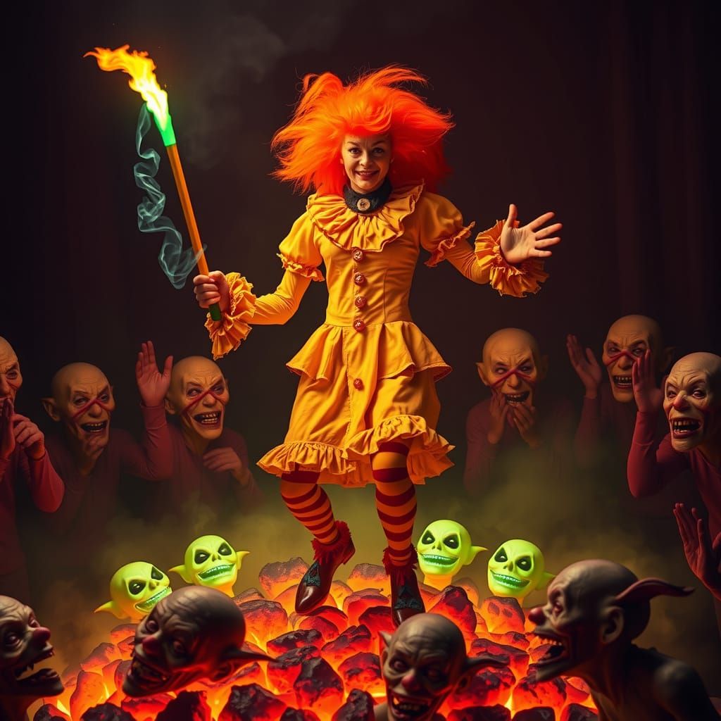 Surreal Werewolf in Vaudeville Clown Costume Spins Glowing B...