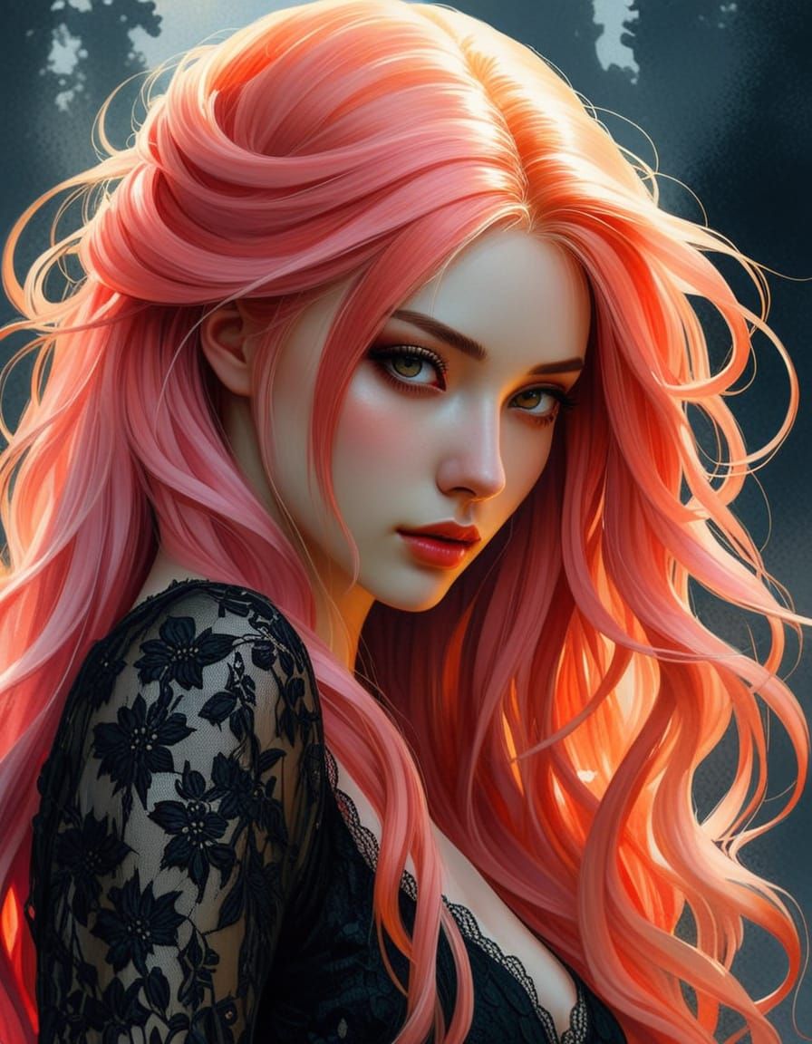 Ethereal Anime Portrait: Blonde & Pink Hair in Lace Dress