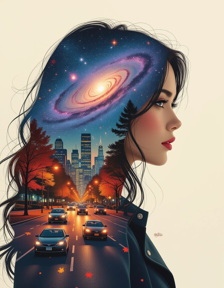 Galaxy Drips into Autumn Cityscape Silhouette