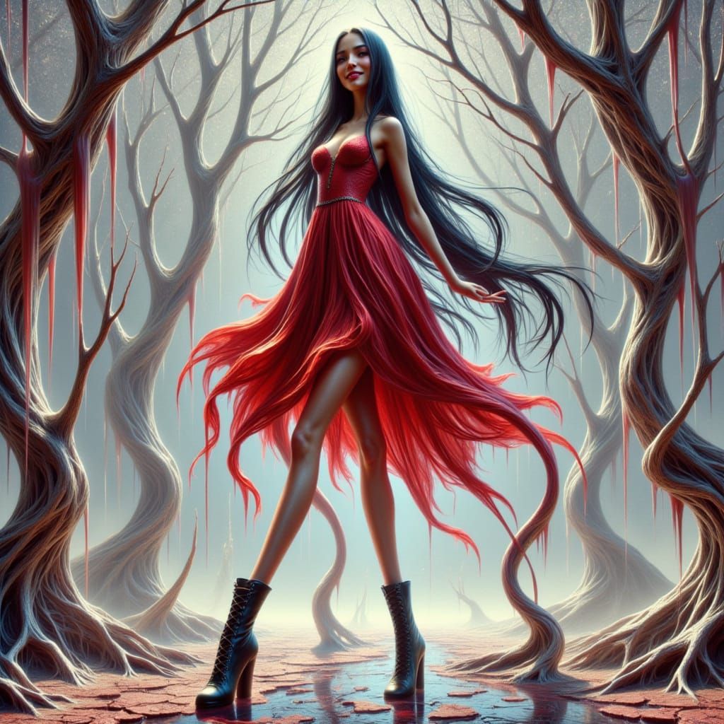 A Tall Slender Girl Smiling in a Red Dress and Black Boots