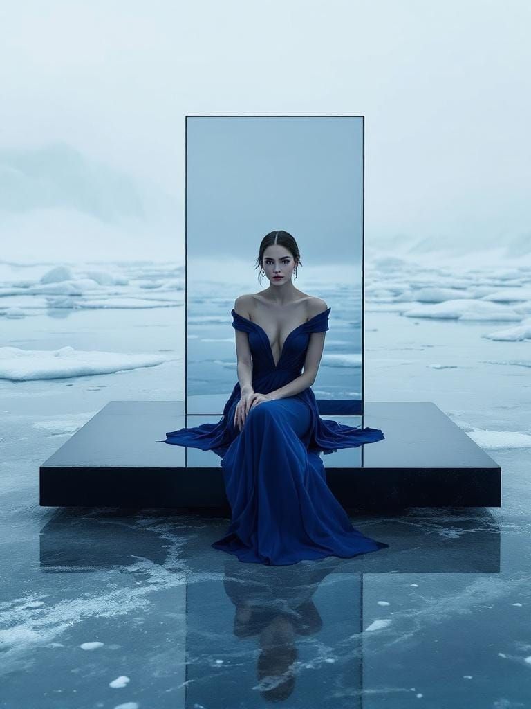 Regal Woman in Frozen Landscape Reflects in Mirror