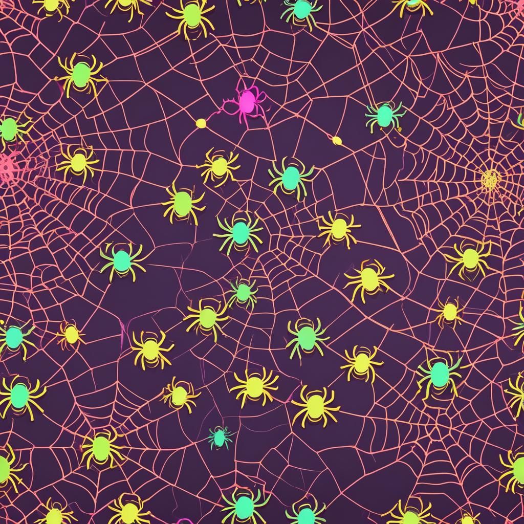 Cute Spiders on Web in Synthwave Neon Style