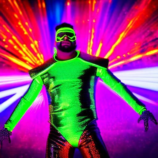 Sci-Fi Wrestler Poses in Neon Arena