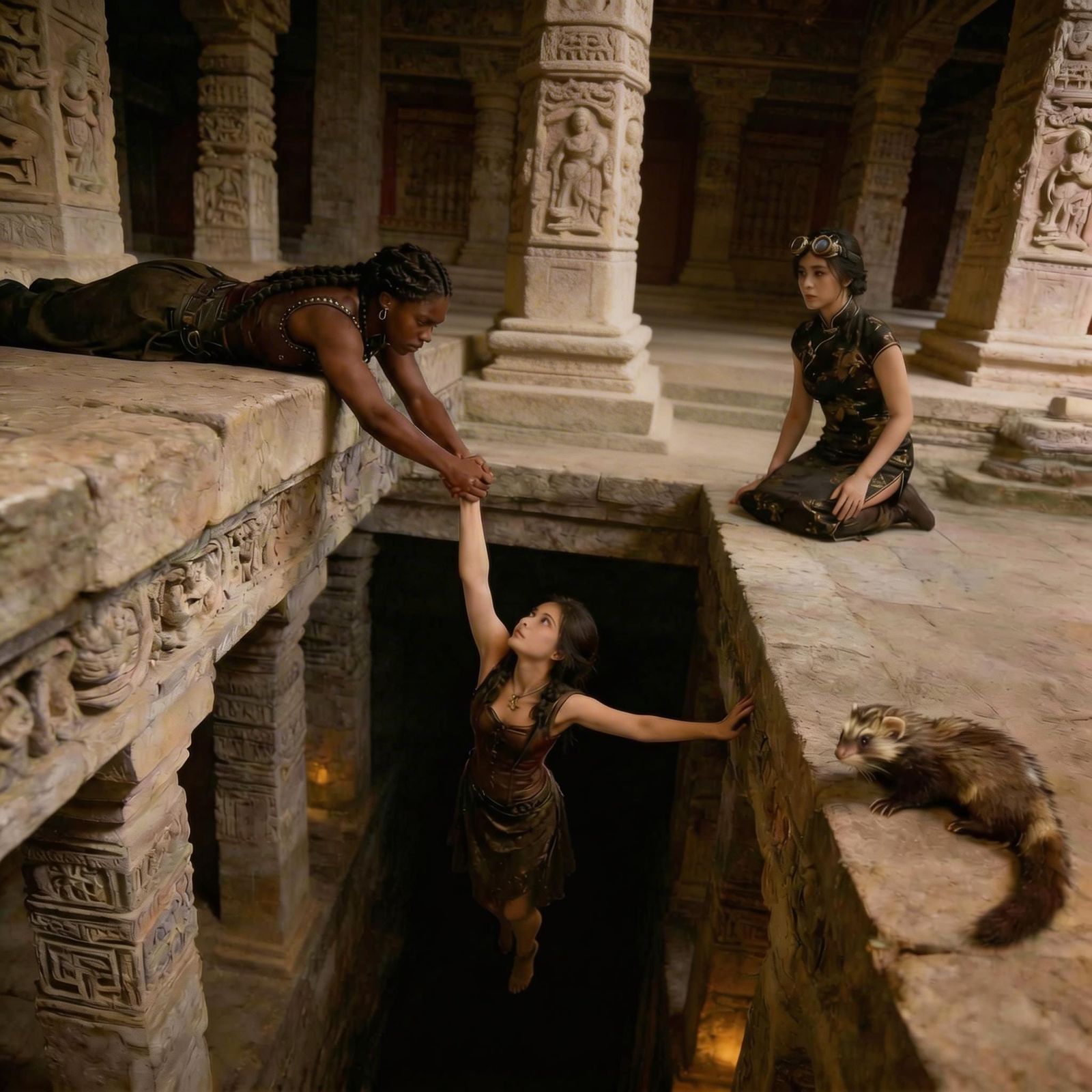 Kneeling Woman in Goggles: Enhanced Scene