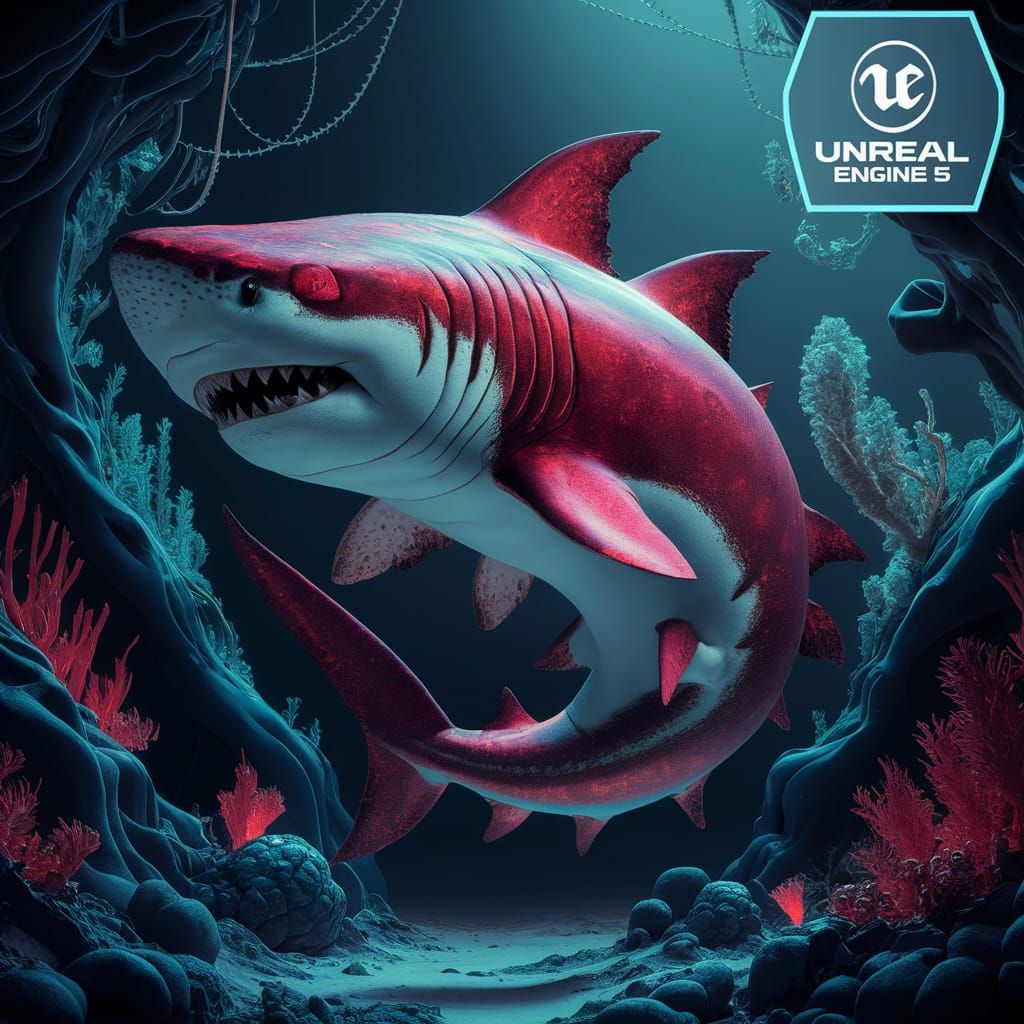 Red Shark in a Vibrant Underwater Scene