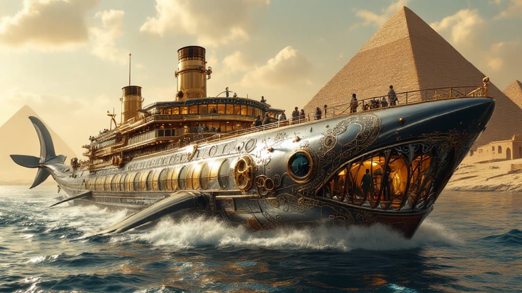 Steampunk Shark Liner in Cairo Port, Art Nouveau Style