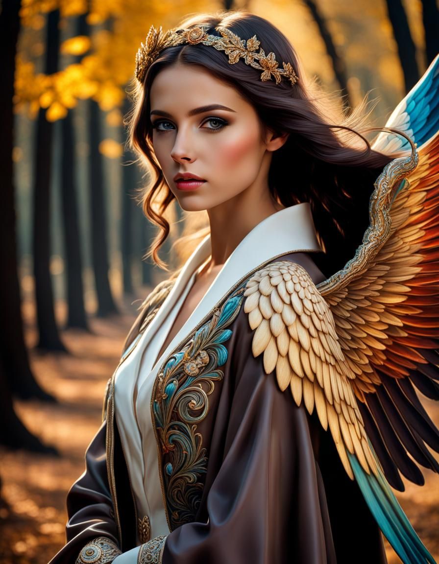 Elegant Angel with Colorful Wings in Realistic Style