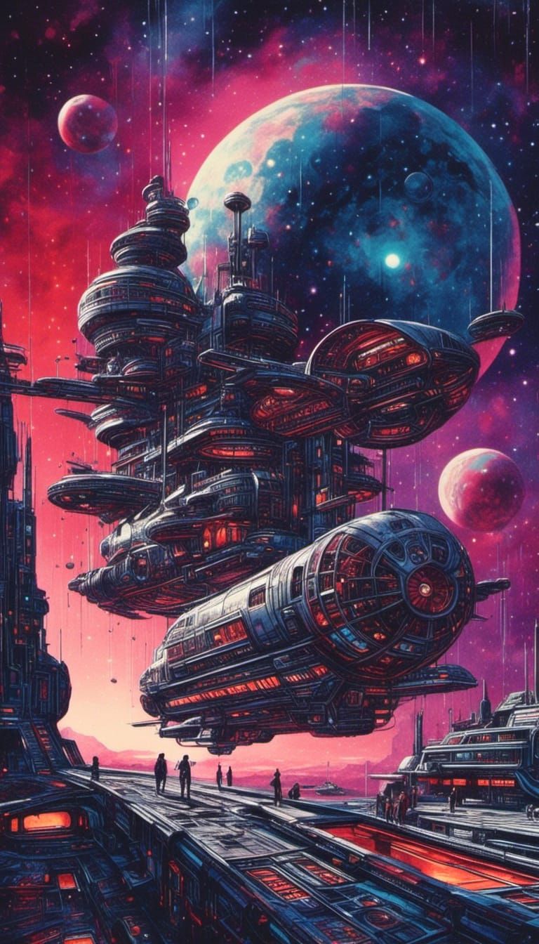 Retro Sci-Fi Space Station Watercolor Illustration