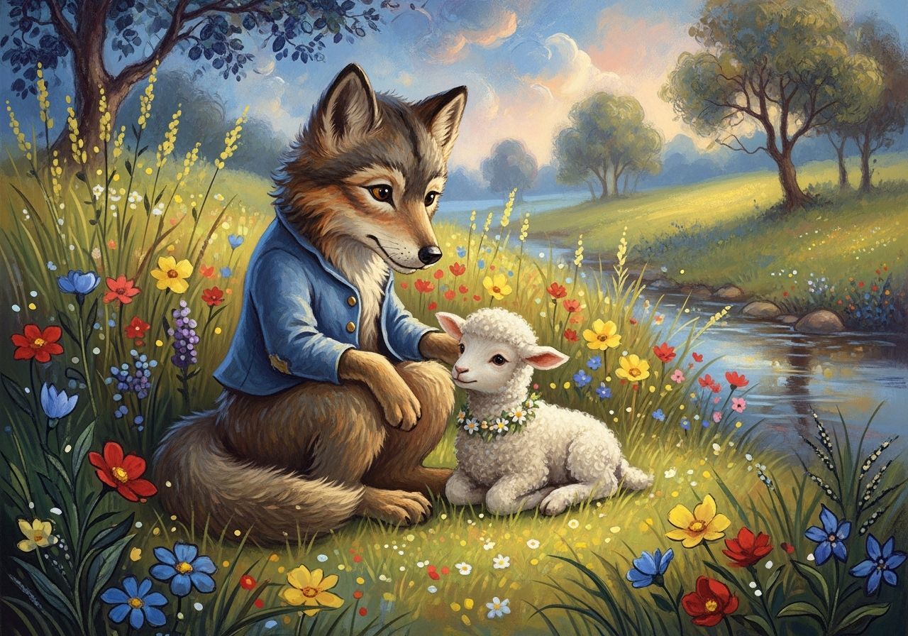 Wolf and Lamb Companionship in a Dreamy Meadow