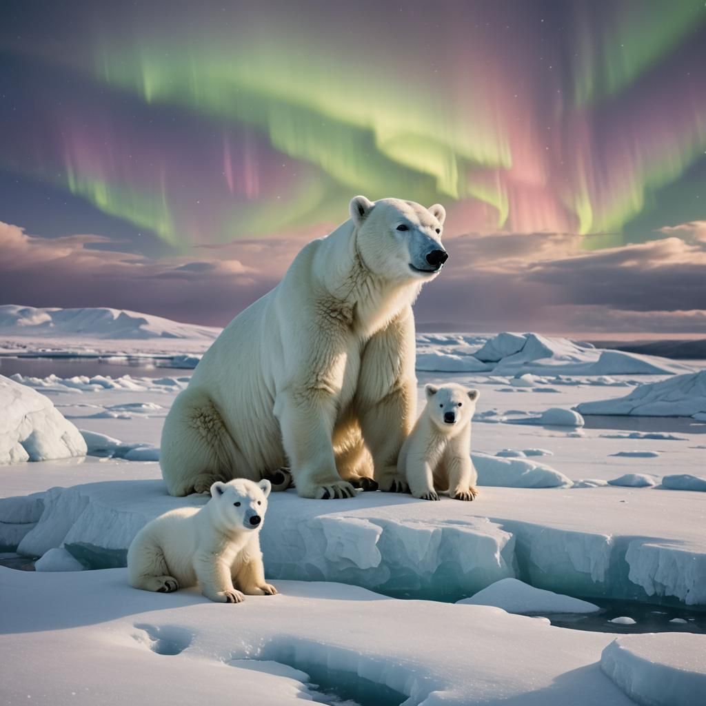 Polar Bear Family Under Arctic Aurora Borealis