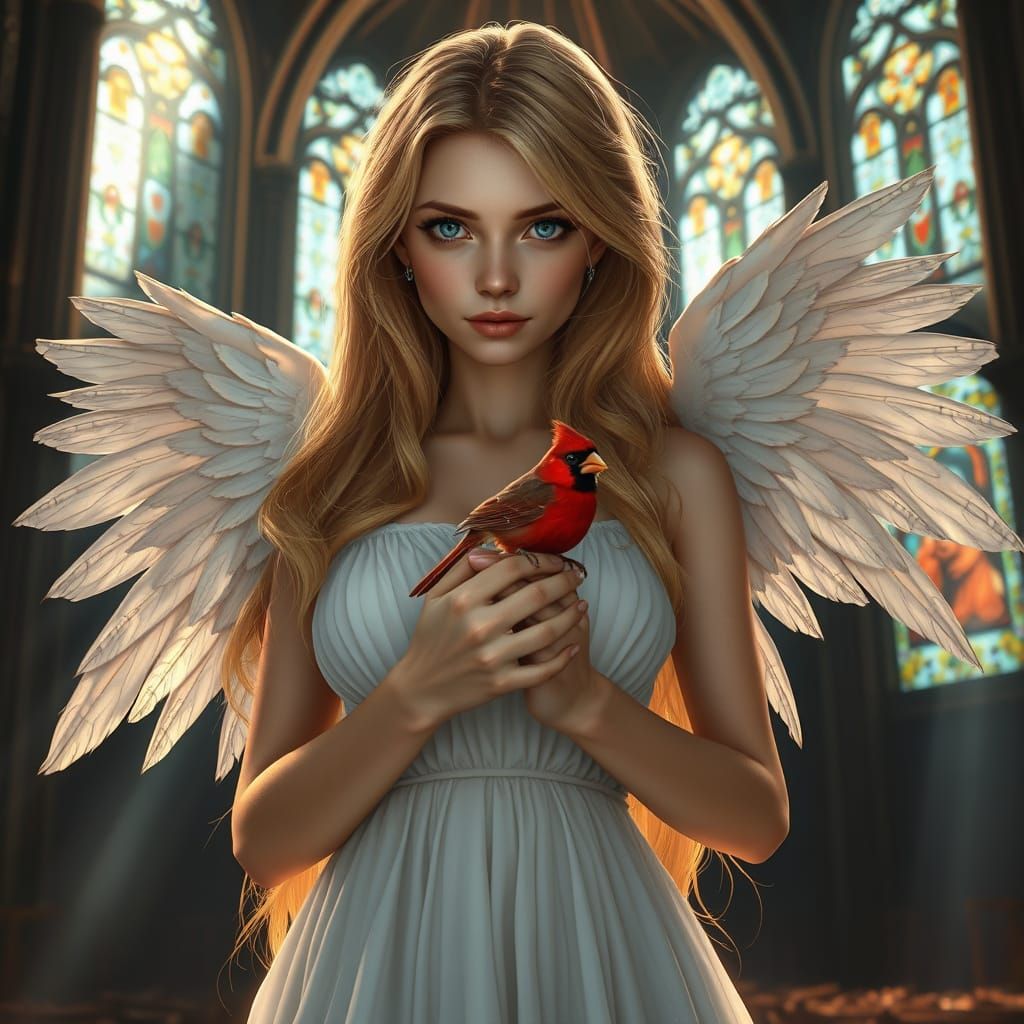 Ethereal Angel Cradling Cardinal in Abandoned Cathedral