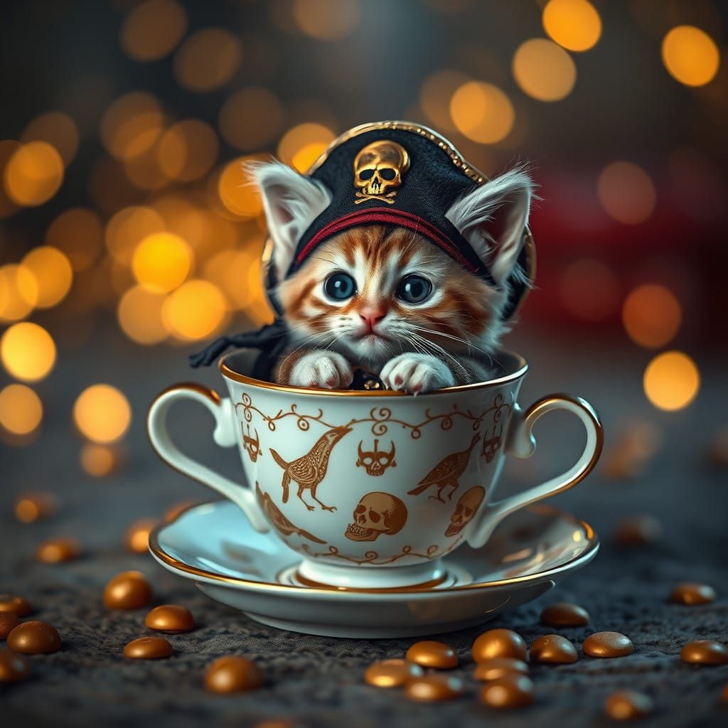 Whimsical Pirate Kitten in a Golden Teacup
