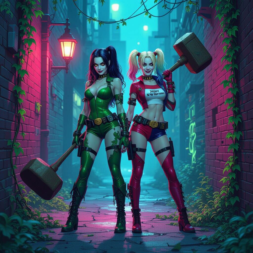 Poison Ivy and Harley Quinn in Cyberpunk Gotham