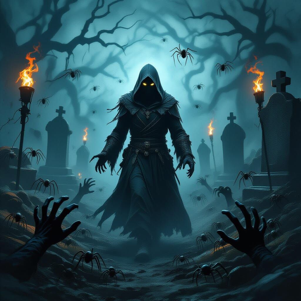 Mysterious Hooded Figure in Necrotic Fantasy Graveyard