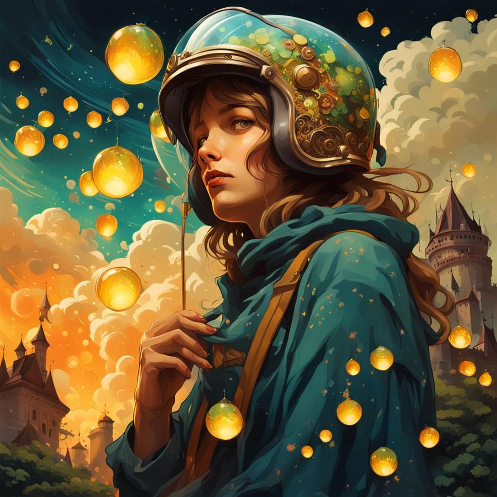 Woman with Fireflies in Alphonse Mucha Style