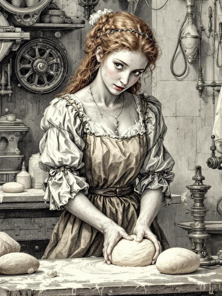 Redhead Baker Kneading Dough in Kitchen, Victorian Illustrat...