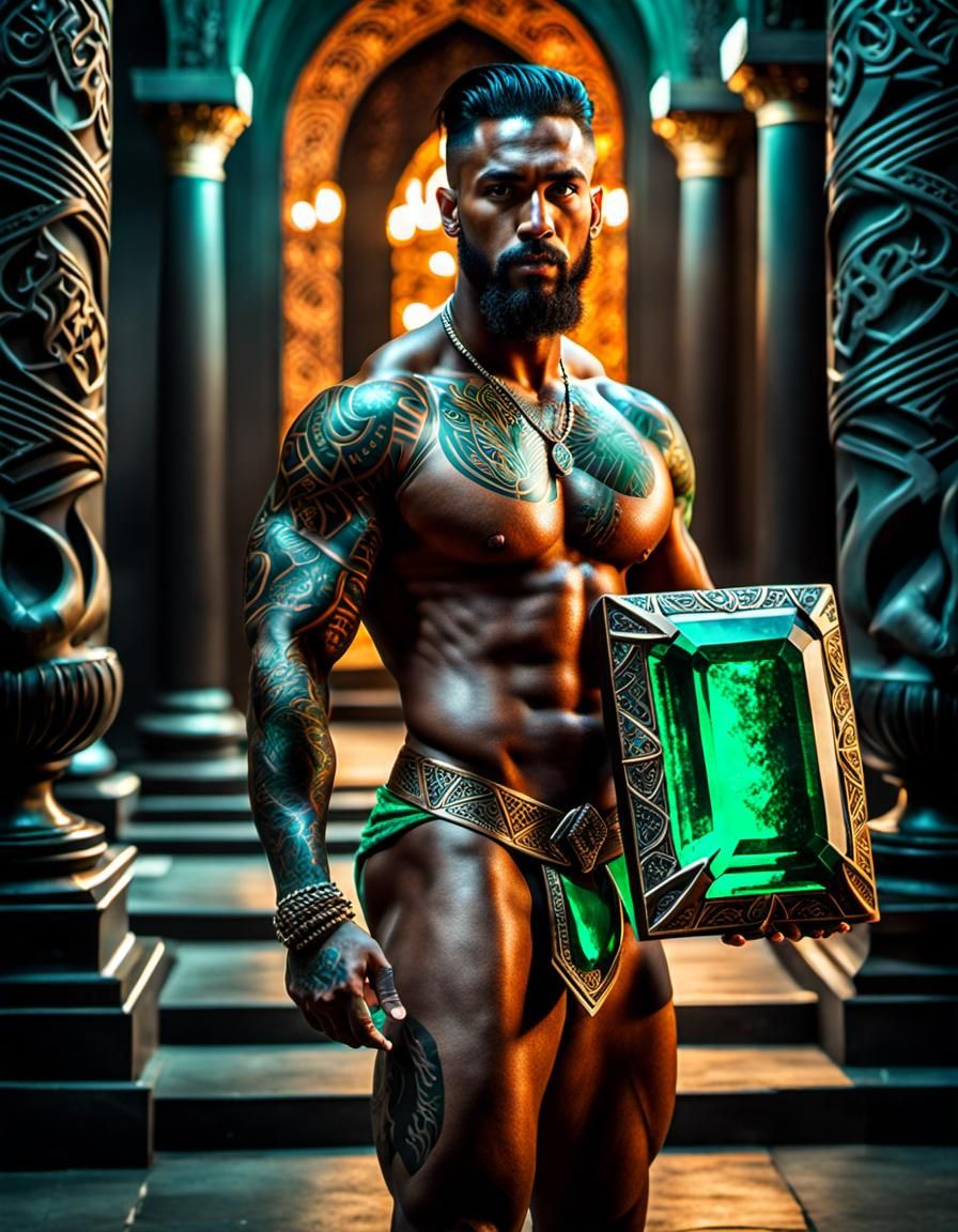 Body covered totally in tattoos, Holding a glowing slab of Emerald stone, with gorgeous eyes, wearing a simple tight loi...