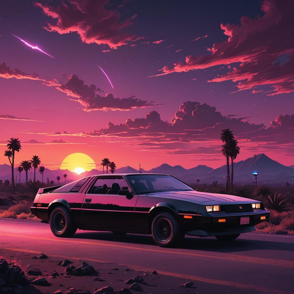 Synthwave Knight Rider Car at Sunset
