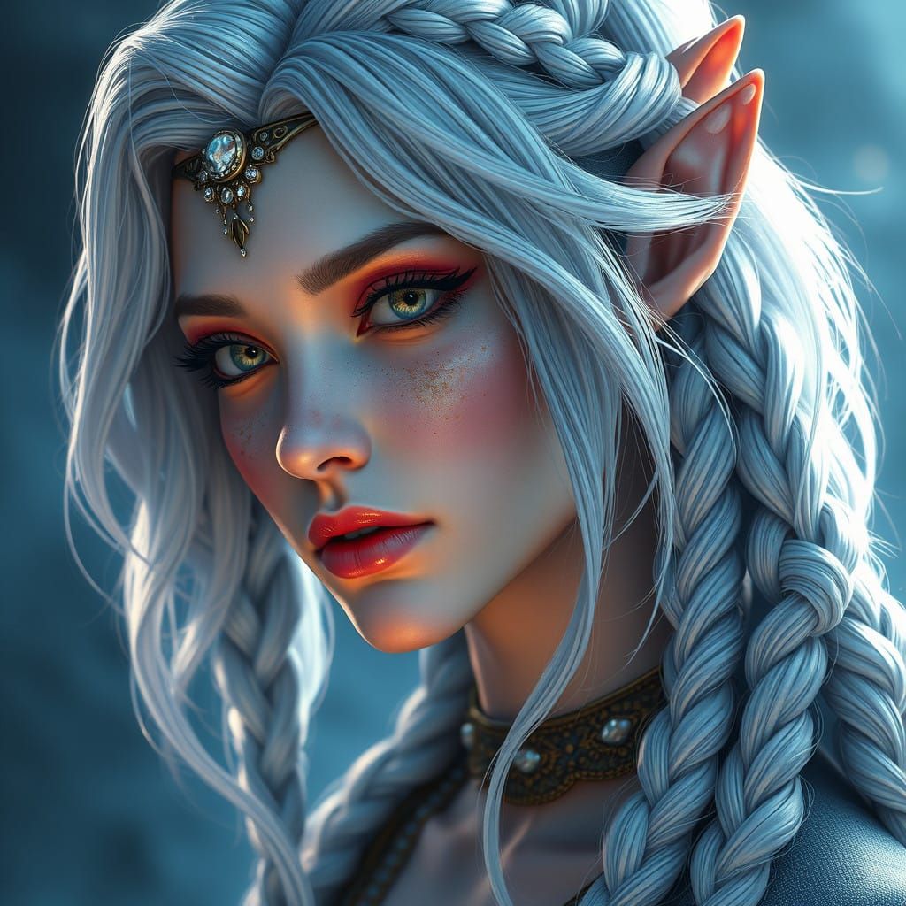 Elegant Woman from the Avatar World with Icy Blue Hair and D...